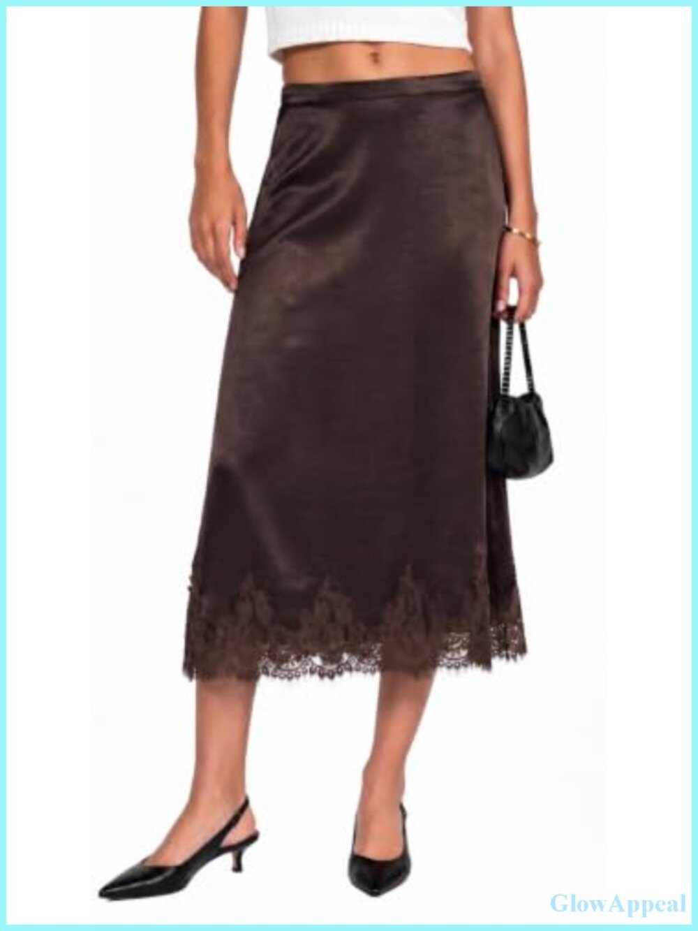 Satin Lace Trim Midi Skirt Elastic Waist A-Line Silhouette